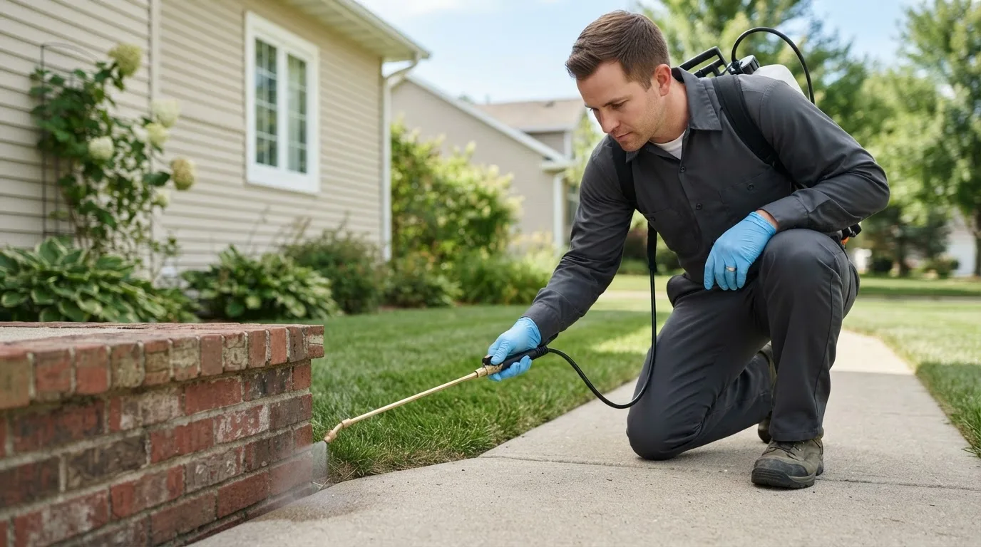 Pest control technician treating a home near Kiester, MN