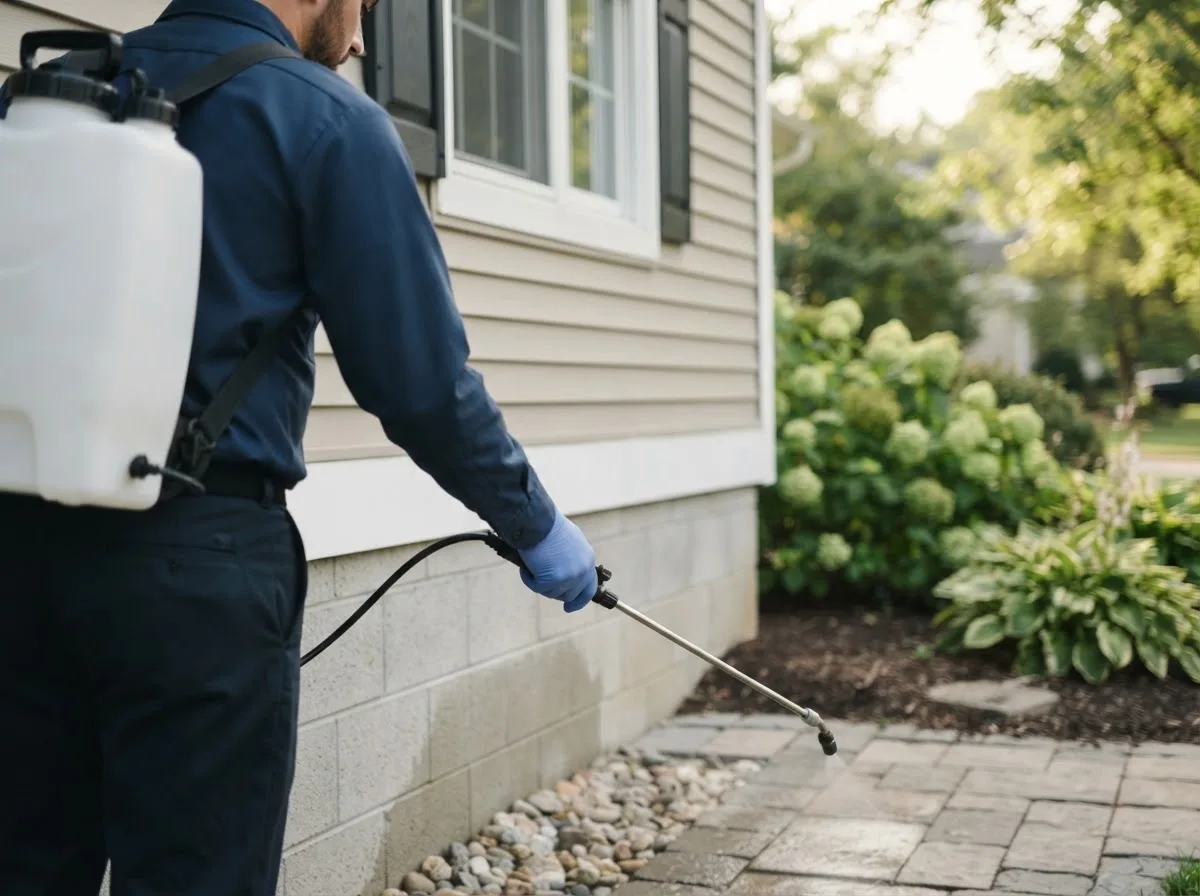 Pest control technician inspecting a home in Kiester, MN
